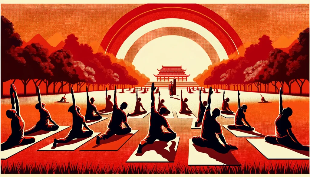 Artistic depiction of a group practicing yoga outdoors in a serene park setting, with a traditional temple in the background and vibrant red and orange hues highlighting the peaceful atmosphere.